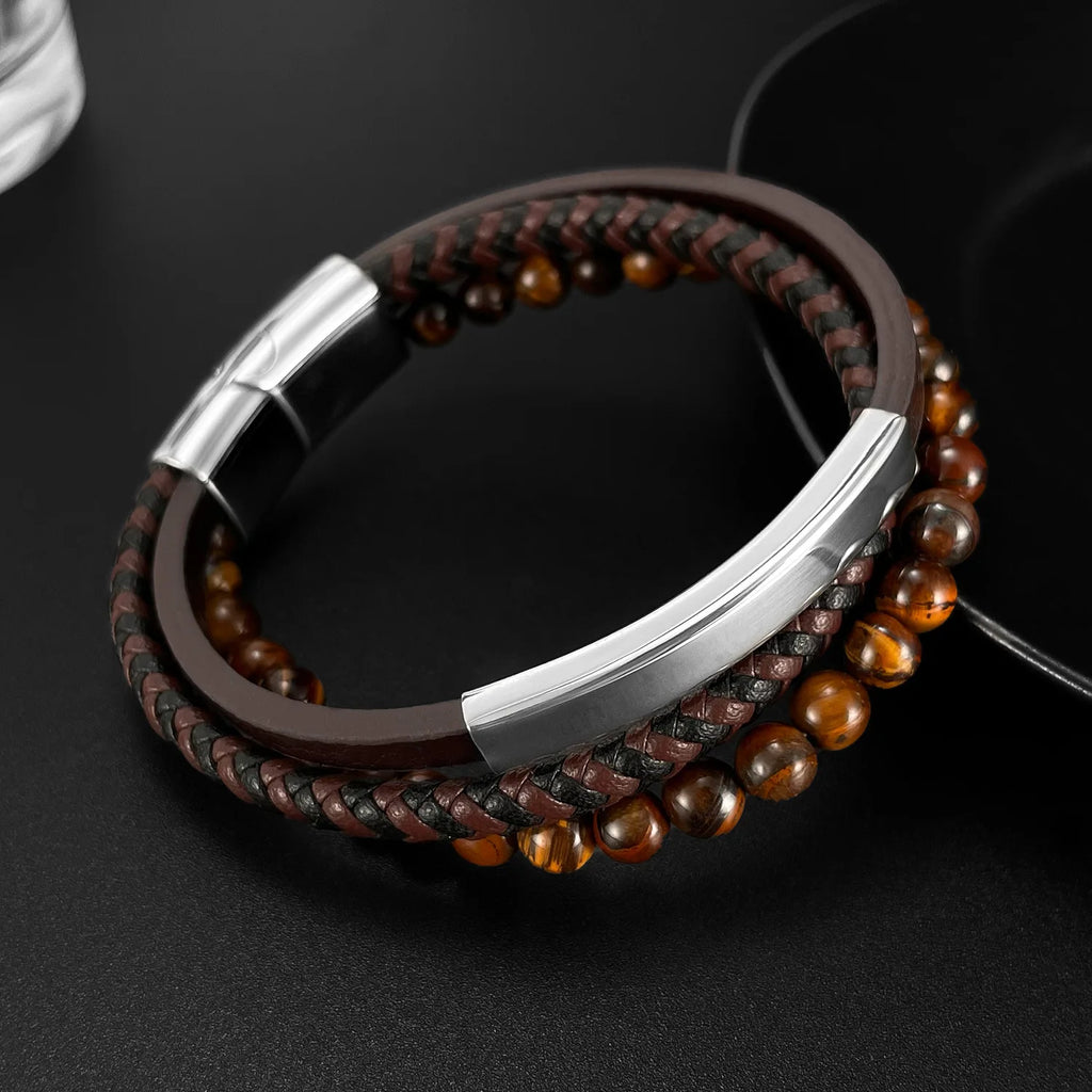 Hip-Hop Classic Brown Men'S Leather Bracelet Tiger Eye Handmade Beaded Bracelets Black Stainless Steel Jewelry ALN25122673