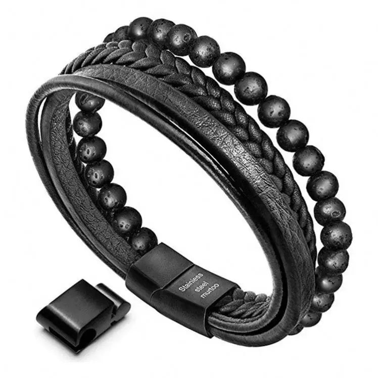 Men's Vintage Beaded Leather Bracelet in Blue and Brown Alloy Jewelry for Anniversary Main Material Zinc Alloy