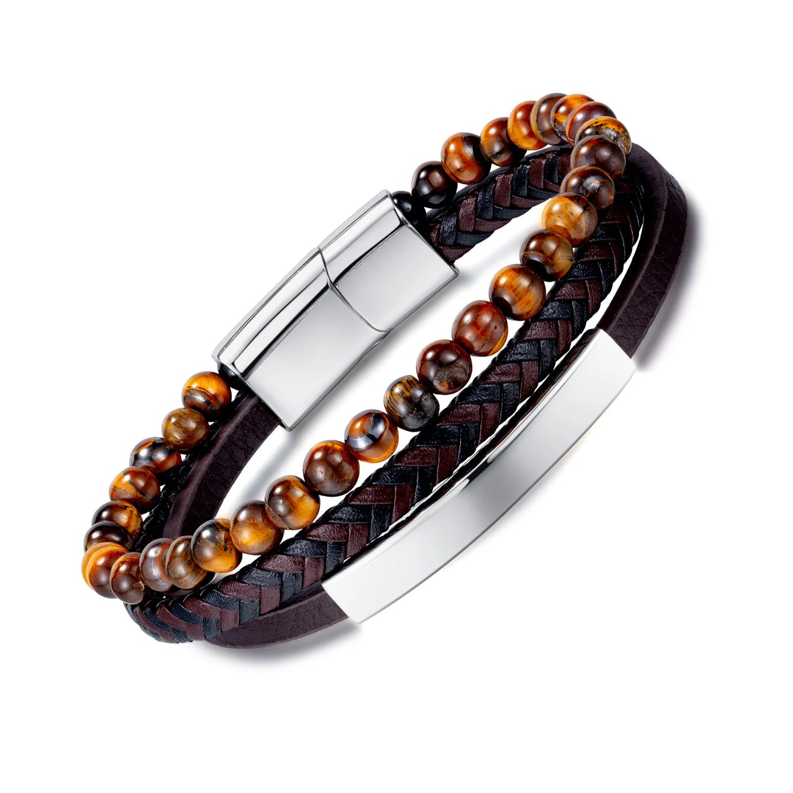 Hip-Hop Classic Brown Men'S Leather Bracelet Tiger Eye Handmade Beaded Bracelets Black Stainless Steel Jewelry ALN25122673