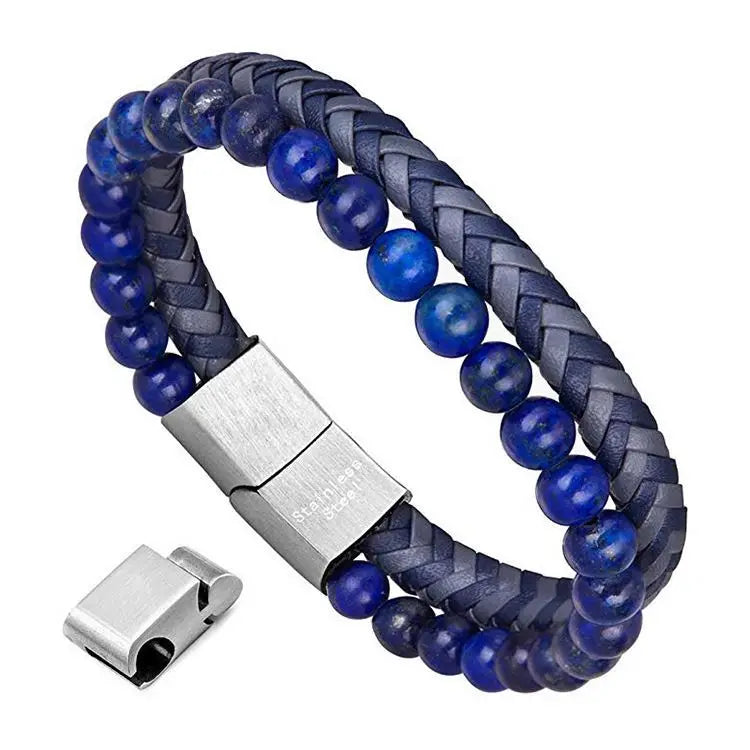 Men's Vintage Beaded Leather Bracelet in Blue and Brown Alloy Jewelry for Anniversary Main Material Zinc Alloy