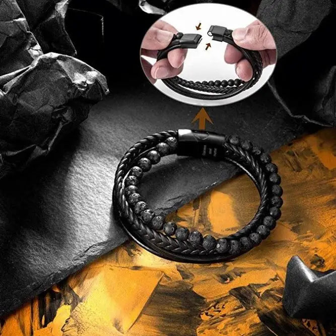 Men's Vintage Beaded Leather Bracelet in Blue and Brown Alloy Jewelry for Anniversary Main Material Zinc Alloy