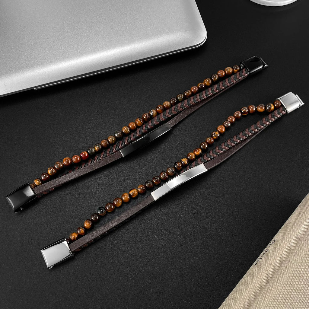 Hip-Hop Classic Brown Men'S Leather Bracelet Tiger Eye Handmade Beaded Bracelets Black Stainless Steel Jewelry ALN25122673