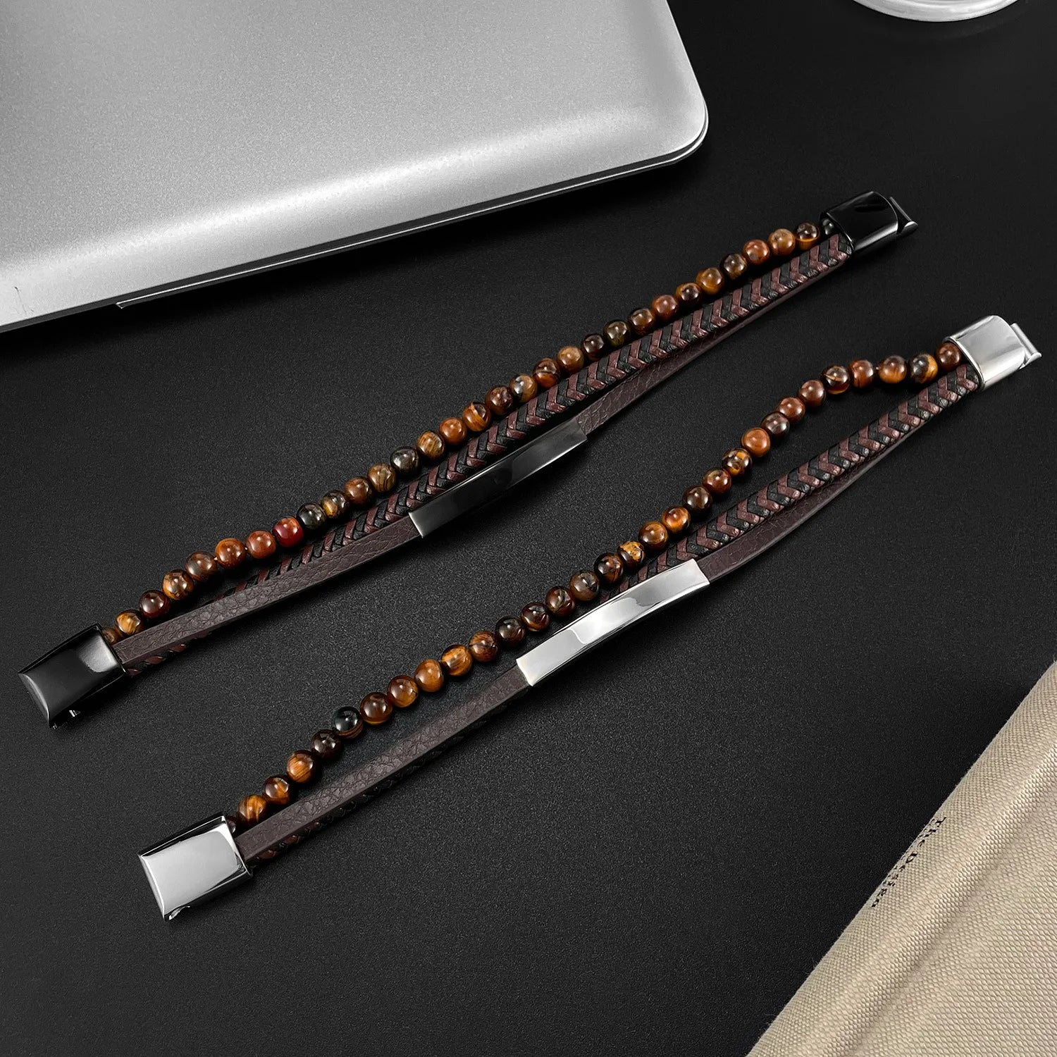 Hip-Hop Classic Brown Men'S Leather Bracelet Tiger Eye Handmade Beaded Bracelets Black Stainless Steel Jewelry ALN25122673