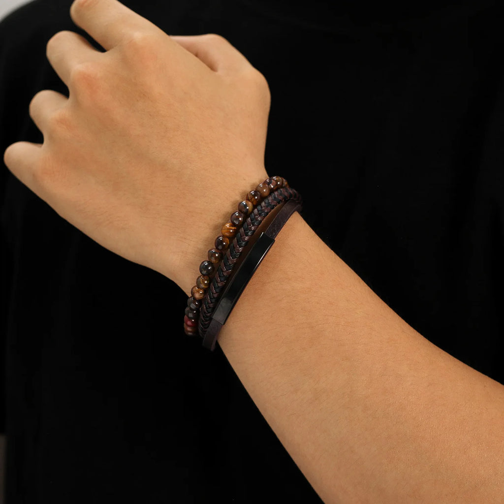 Hip-Hop Classic Brown Men'S Leather Bracelet Tiger Eye Handmade Beaded Bracelets Black Stainless Steel Jewelry ALN25122673