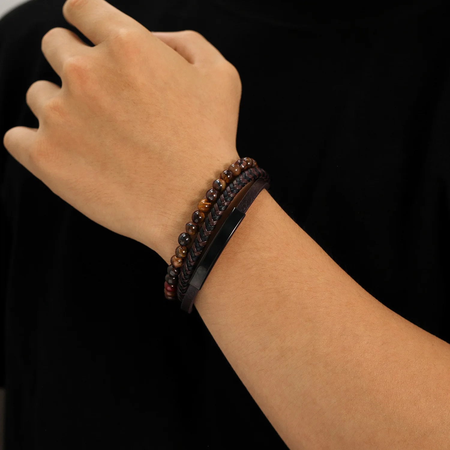 Hip-Hop Classic Brown Men'S Leather Bracelet Tiger Eye Handmade Beaded Bracelets Black Stainless Steel Jewelry ALN25122673