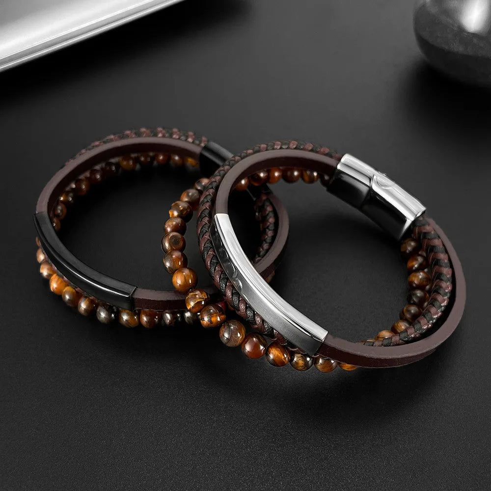 Hip-Hop Classic Brown Men'S Leather Bracelet Tiger Eye Handmade Beaded Bracelets Black Stainless Steel Jewelry ALN25122673