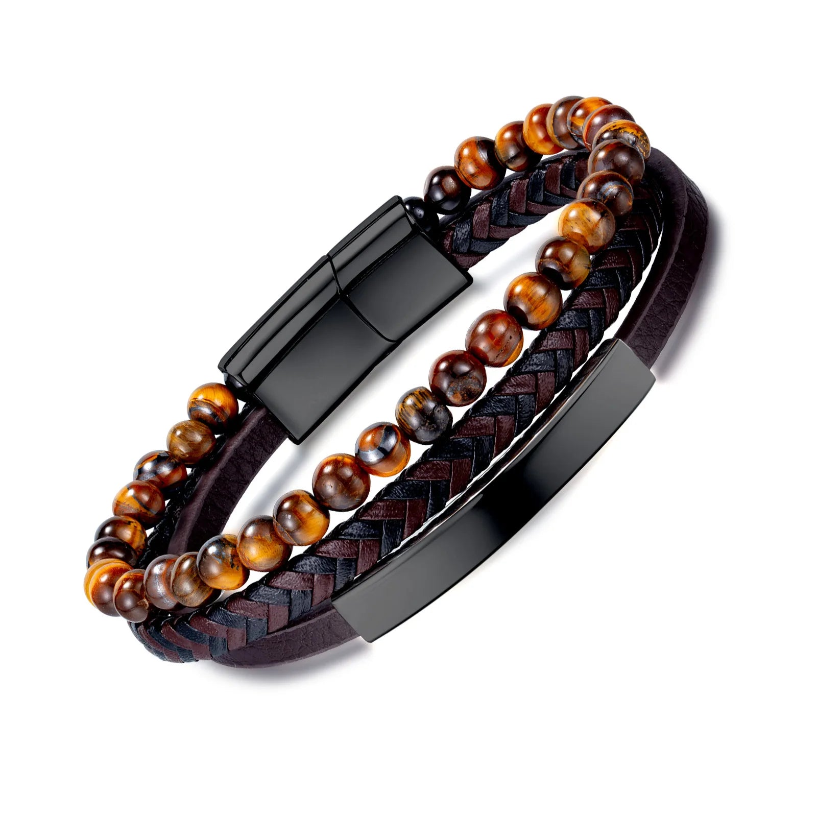 Hip-Hop Classic Brown Men'S Leather Bracelet Tiger Eye Handmade Beaded Bracelets Black Stainless Steel Jewelry ALN25122673