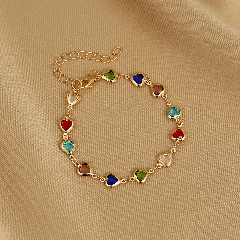 Korean Colorful Heart Bracelet For Women Exquisite Crystal Zircon Metal Chain Bracelets Bangles Girl Party Wedding Jewelry Gifts