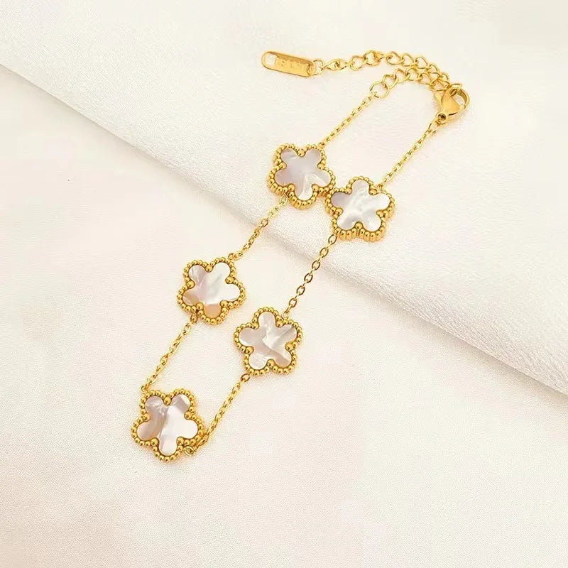 1/2/3Pcs 18K Gold Plated Stainless Steel Five Leaf Bracelet for Women, Elegant Flower Design Necklace Bracelet Jewelry Gift