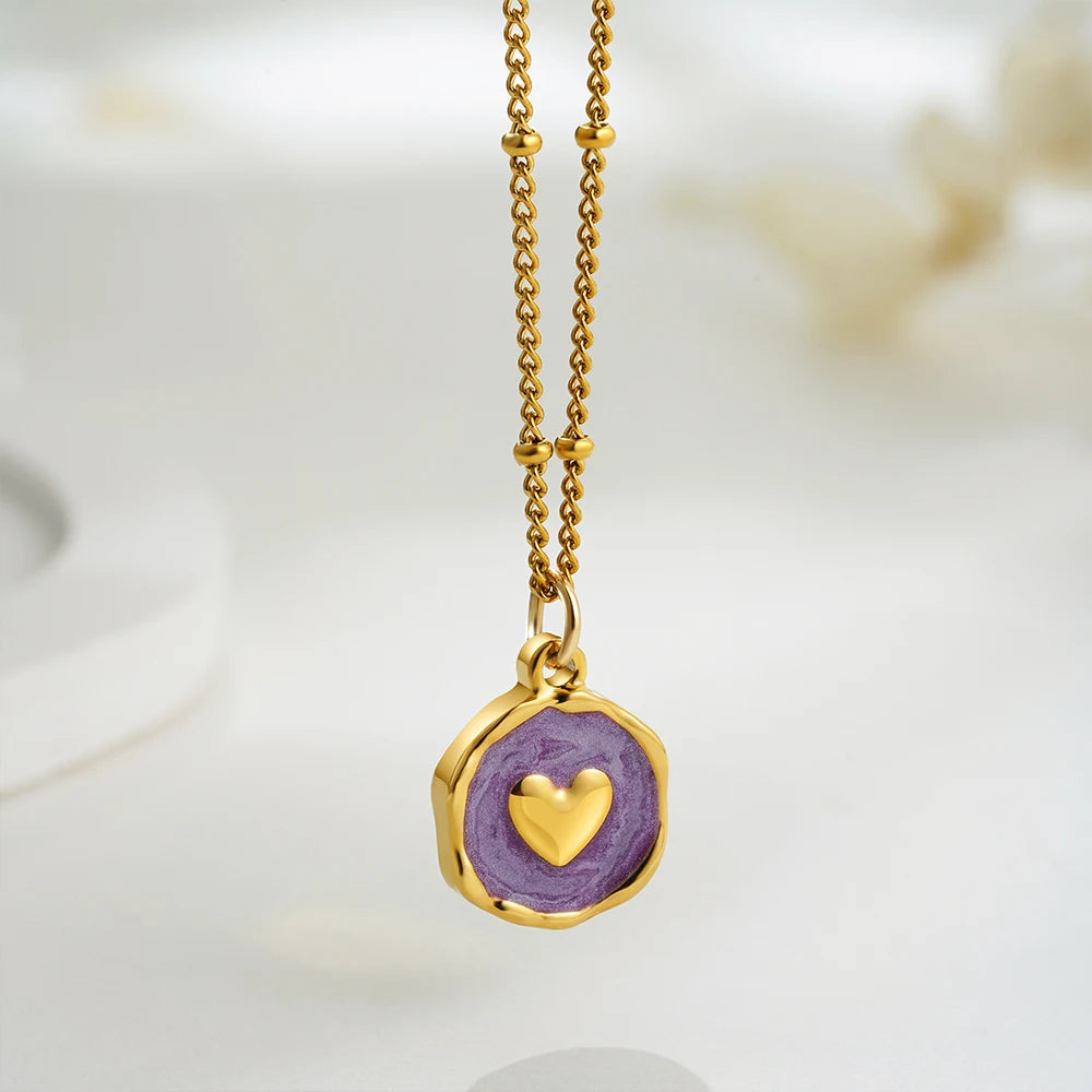 Punk Geometric Irregular Enamel Colorful Natural Stone Pendant Necklace for Women Stainless Steel Cross Heart Opal Choker Gifts