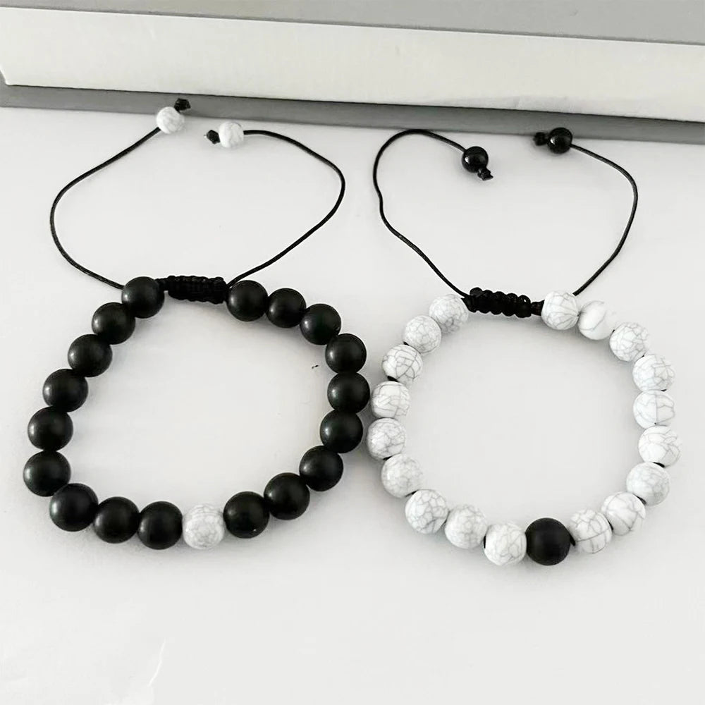 2 Piece Set Of Neutral Bracelets With Natural Energy White Turquoise Black White Matching Bracelets Simple Creative Retro Style