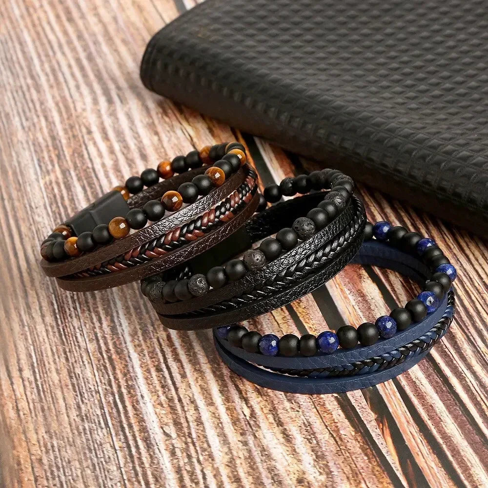 Men Leather Bracelet Браслет Classic Fashion Tiger Eye Beaded Multi Layer Leather Bracelet for Men Jewelry Gift Pulseras