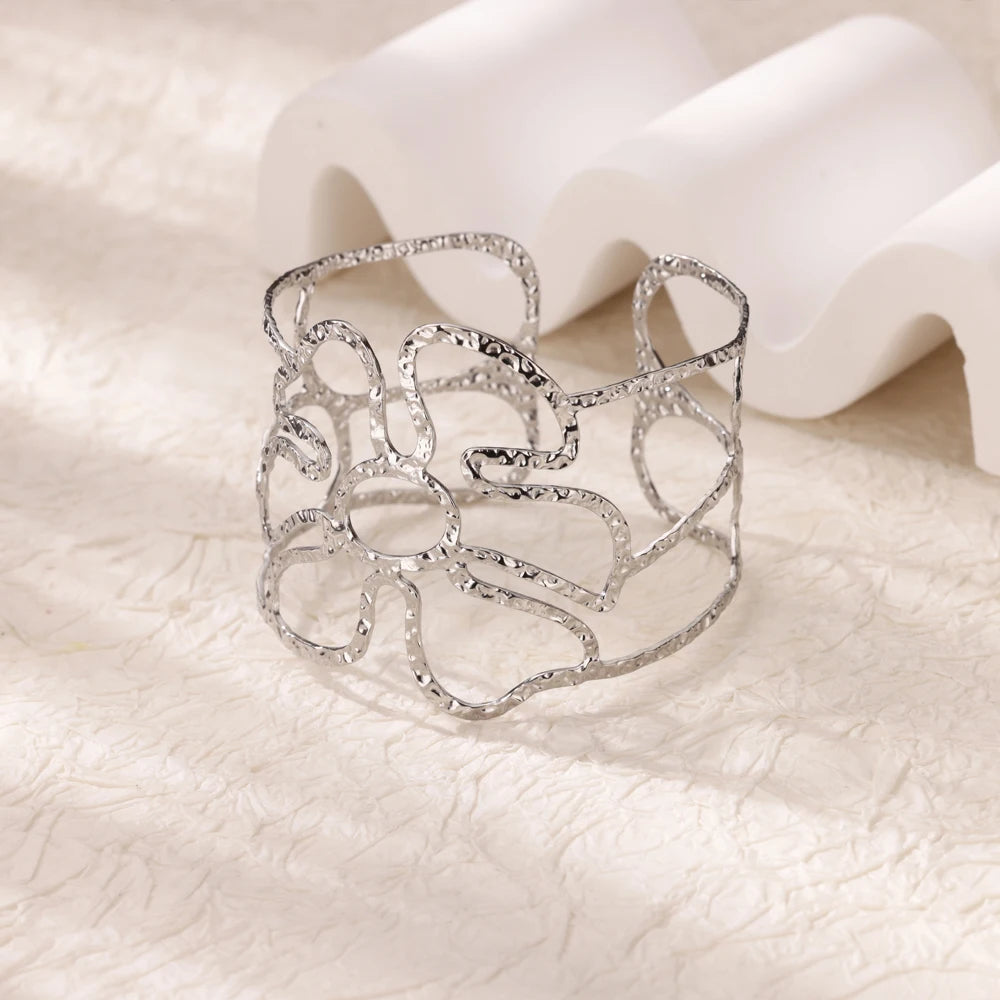 Stainless Steel Bracelet For Women Men Aesthetic Flower Leaf Bangle Opening Gold Color Geometric Bangles Bracelets Femme Jewelry