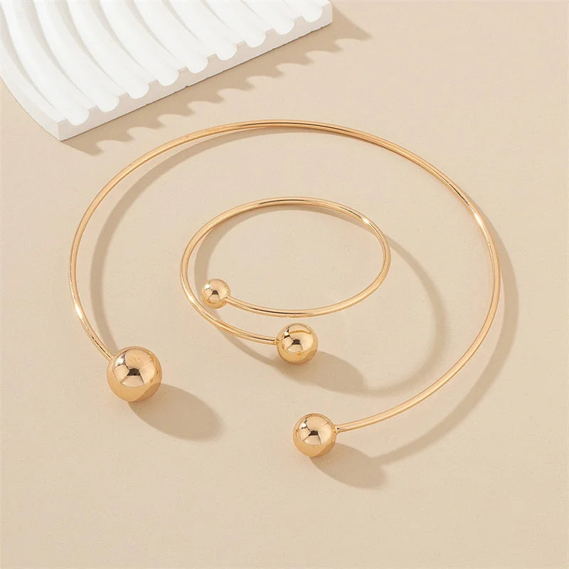XIALUOKE Geometric Metal Round Ball Torques Choker For Women Europe American Style Personality Cuff Necklace Jewelry Set
