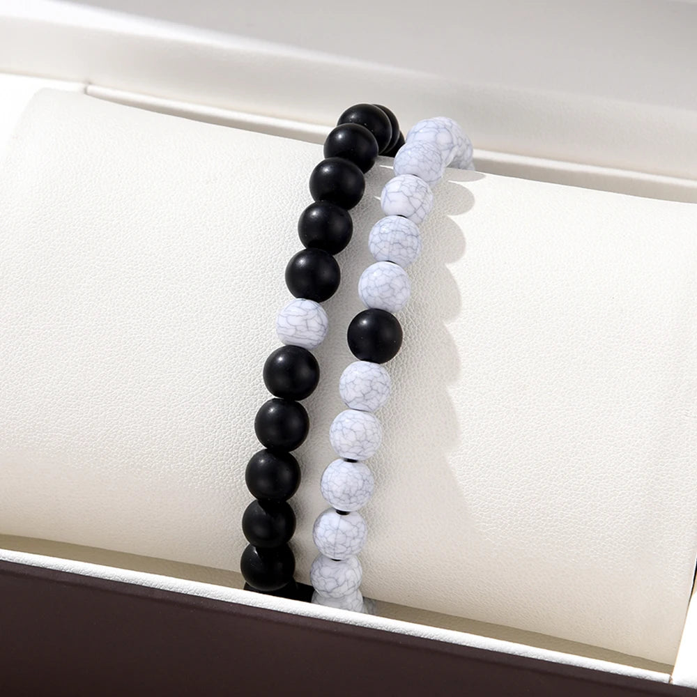 2 Piece Set Of Neutral Bracelets With Natural Energy White Turquoise Black White Matching Bracelets Simple Creative Retro Style