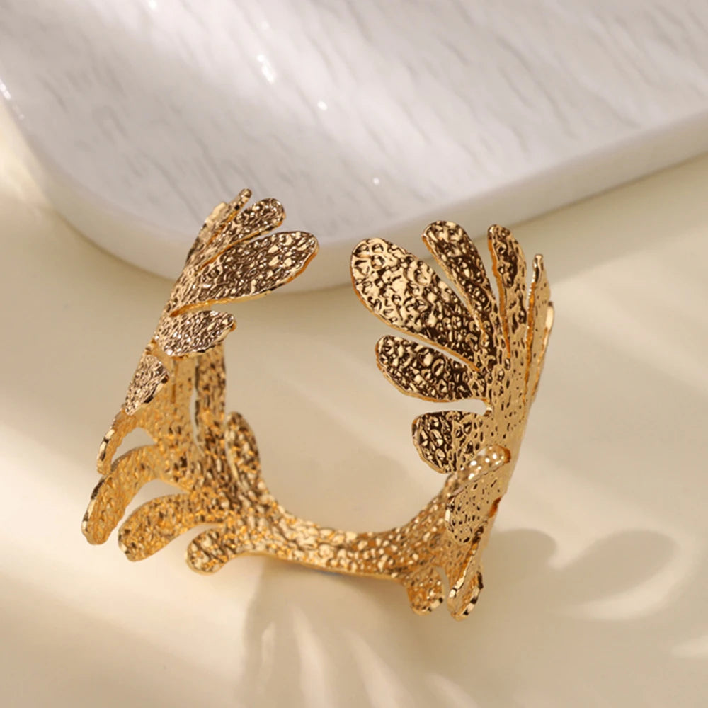 Stainless Steel Bracelet For Women Men Aesthetic Flower Leaf Bangle Opening Gold Color Geometric Bangles Bracelets Femme Jewelry