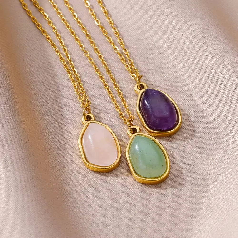 Trendy Oval Colorful Stone Necklace For Women Stainless Steel Gold Color Green Opal Stone Pendant Necklace Aesthetic Jewelry Gif