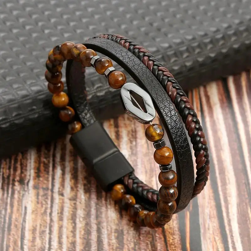 Classic New Leather Bracelet For Men 19/21/23cm Multilayer Leather Men Beaded Bracelets Fashion Jewelry Wholesale Dropshipping