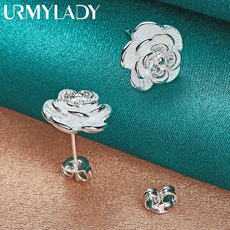 URMYLADY 925 Sterling Silver Rose Flower Earring Stud Earrings For Women Charm Wedding Engagement Fashion Jewelry
