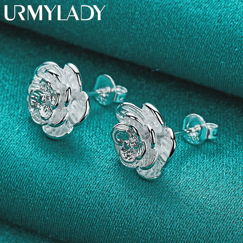 URMYLADY 925 Sterling Silver Rose Flower Earring Stud Earrings For Women Charm Wedding Engagement Fashion Jewelry