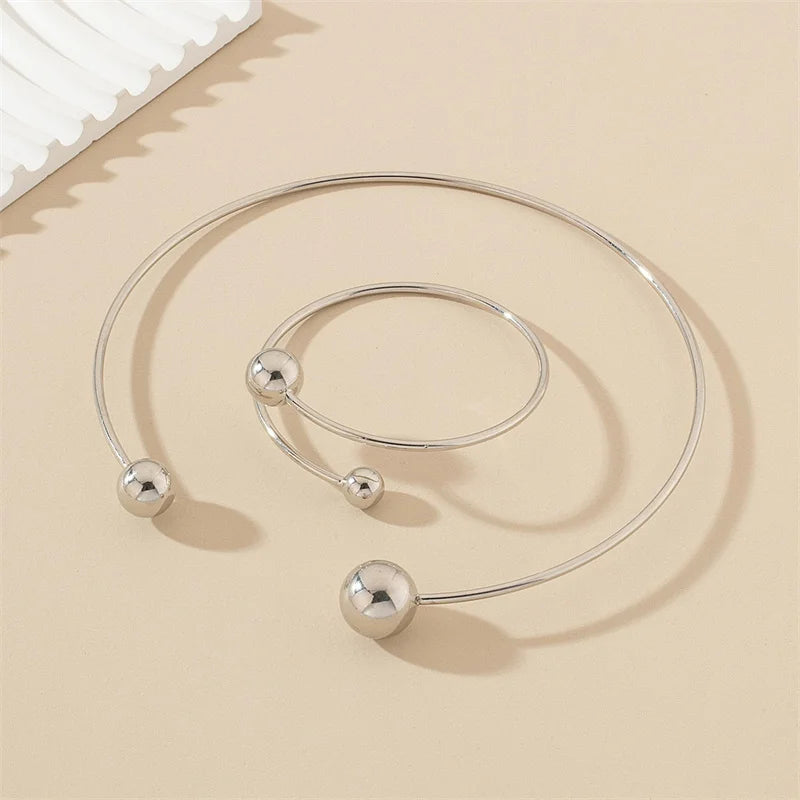 XIALUOKE Geometric Metal Round Ball Torques Choker For Women Europe American Style Personality Cuff Necklace Jewelry Set