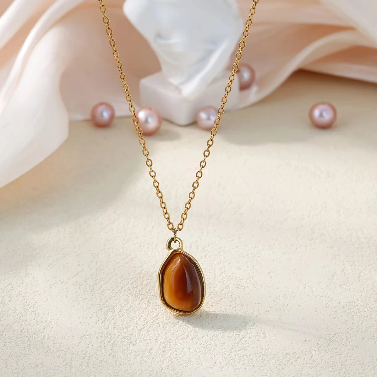 Trendy Oval Colorful Stone Necklace For Women Stainless Steel Gold Color Green Opal Stone Pendant Necklace Aesthetic Jewelry Gif