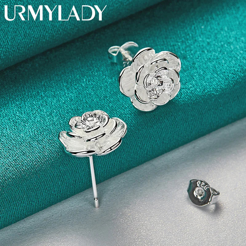 URMYLADY 925 Sterling Silver Rose Flower Earring Stud Earrings For Women Charm Wedding Engagement Fashion Jewelry