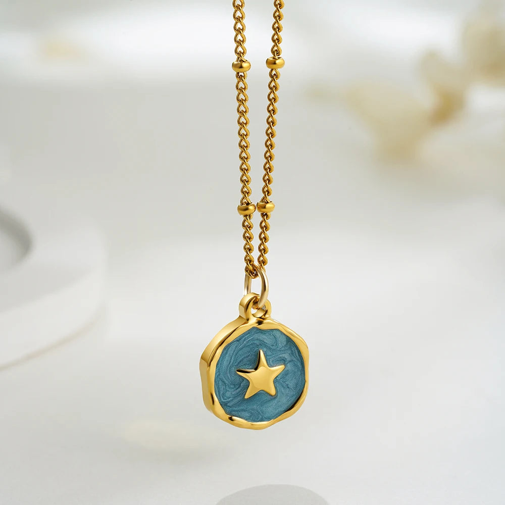 Punk Geometric Irregular Enamel Colorful Natural Stone Pendant Necklace for Women Stainless Steel Cross Heart Opal Choker Gifts