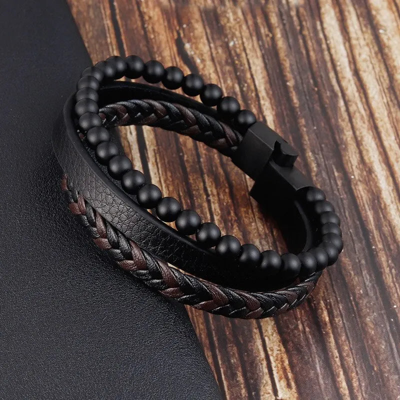 Men Classic Fashion High Quality Leather Bracelet Obsidian Beaded Multi Layer Leather Bracelet For Men Jewelry Gift