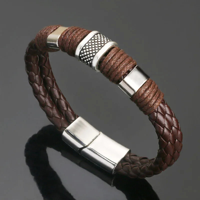 Vintage Genuine Leather Bracelet for Men Handmade Woven Bracelet Magnetic Clasp Wrap Bracelet Homme Hand Jewelry Accessories New