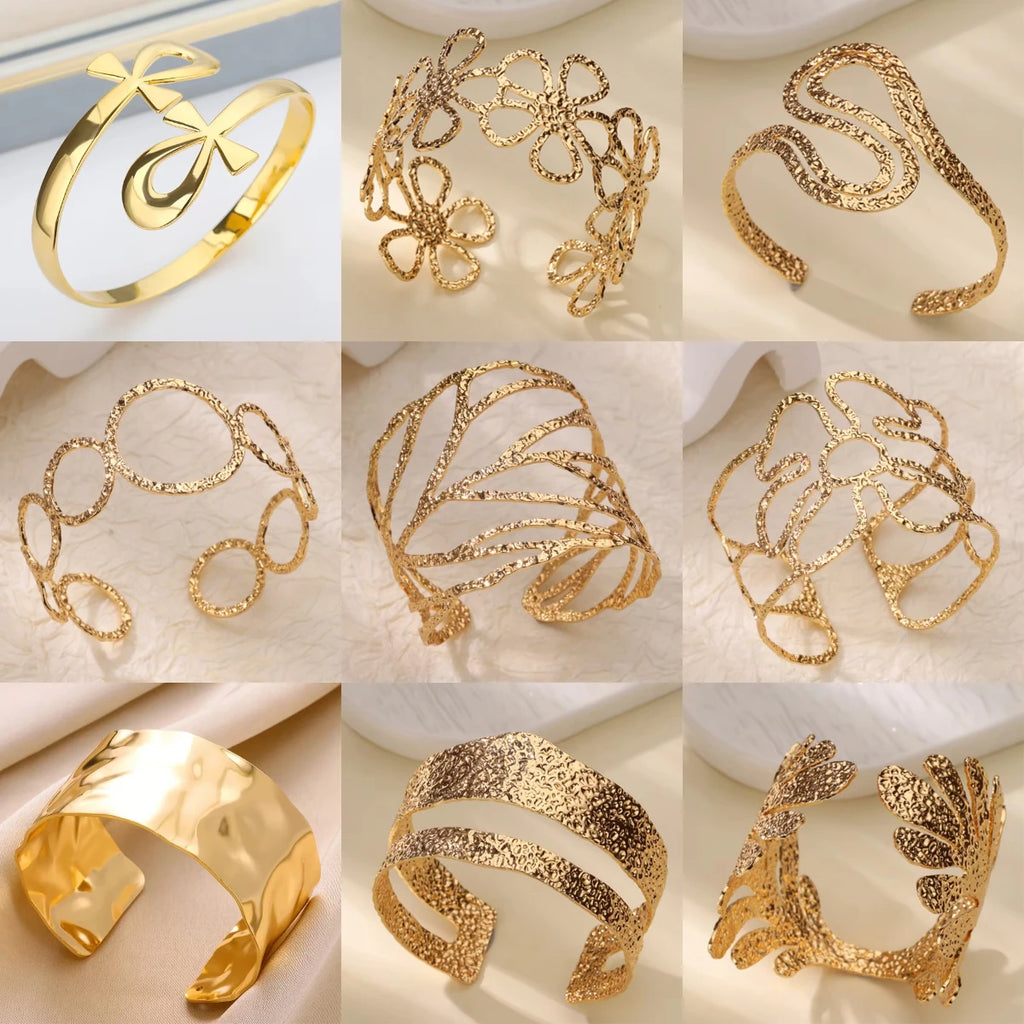 Stainless Steel Bracelet For Women Men Aesthetic Flower Leaf Bangle Opening Gold Color Geometric Bangles Bracelets Femme Jewelry