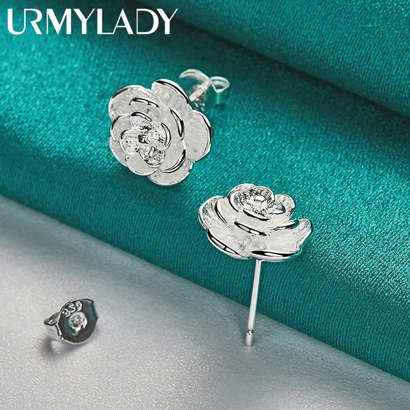 URMYLADY 925 Sterling Silver Rose Flower Earring Stud Earrings For Women Charm Wedding Engagement Fashion Jewelry