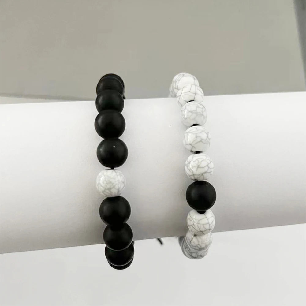 2 Piece Set Of Neutral Bracelets With Natural Energy White Turquoise Black White Matching Bracelets Simple Creative Retro Style