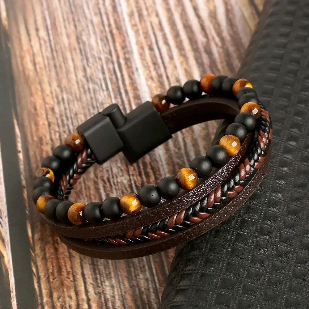 Men Leather Bracelet Браслет Classic Fashion Tiger Eye Beaded Multi Layer Leather Bracelet for Men Jewelry Gift Pulseras