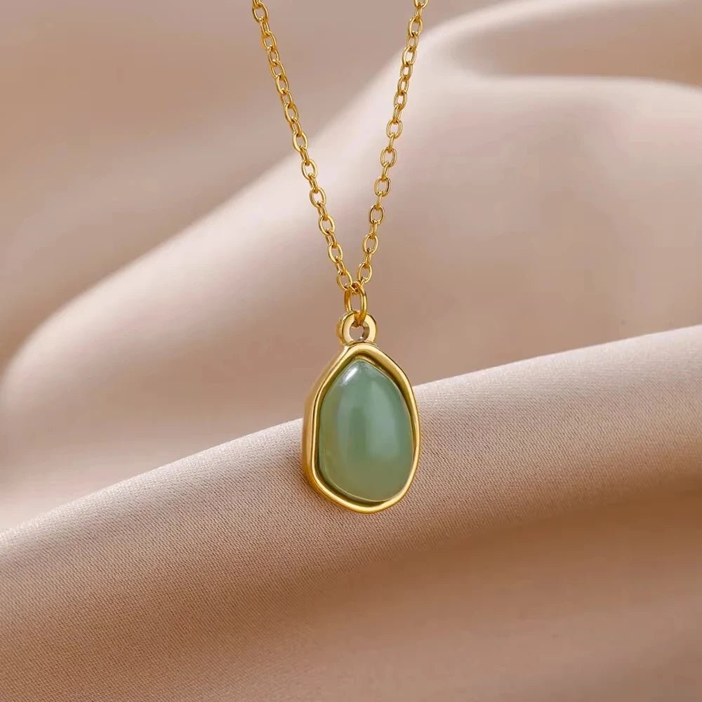 Trendy Oval Colorful Stone Necklace For Women Stainless Steel Gold Color Green Opal Stone Pendant Necklace Aesthetic Jewelry Gif