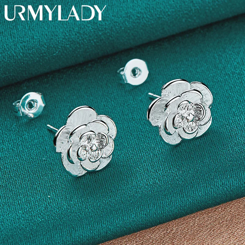 URMYLADY 925 Sterling Silver Rose Flower Earring Stud Earrings For Women Charm Wedding Engagement Fashion Jewelry
