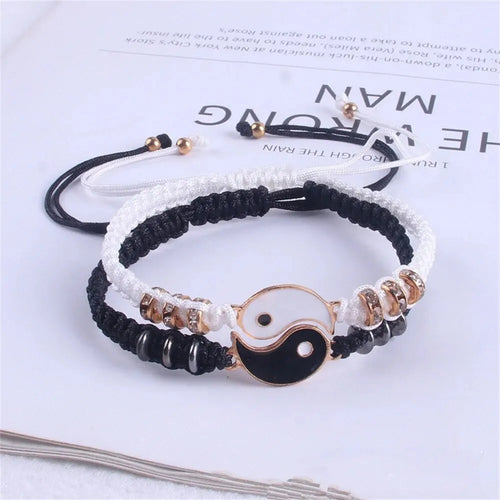 2 PC Jewelry Set Couple Black White Tai Chi Bracelet Rope Adjustable Chain Set Simple Style Daily Wear Jewelry