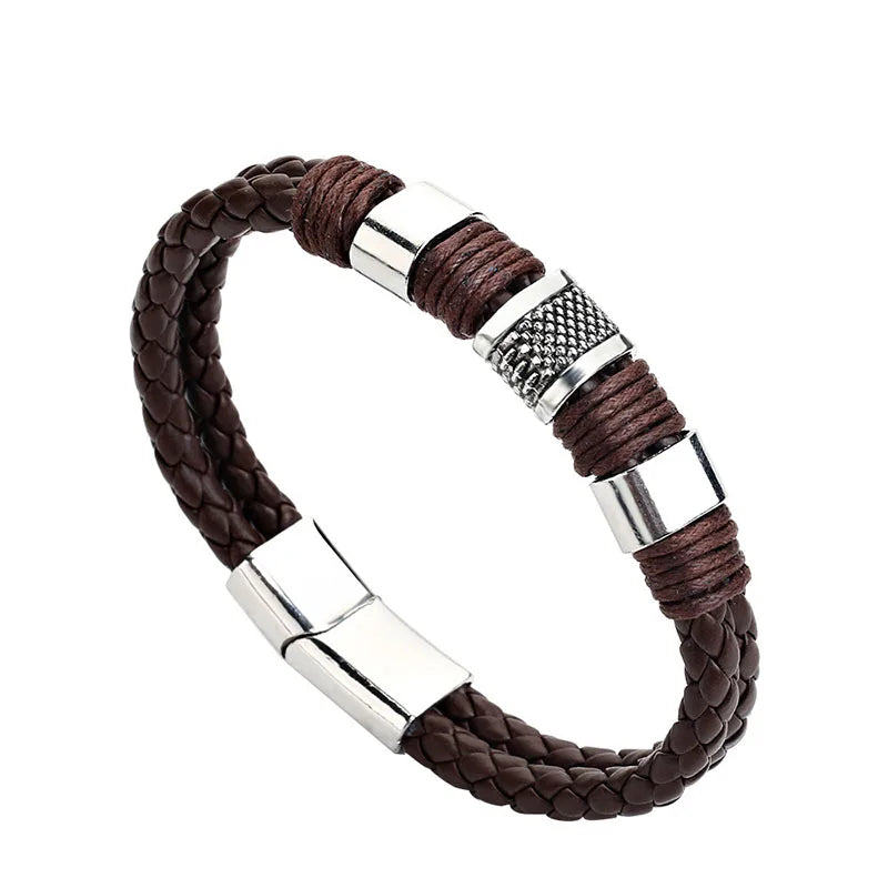 Vintage Genuine Leather Bracelet for Men Handmade Woven Bracelet Magnetic Clasp Wrap Bracelet Homme Hand Jewelry Accessories New