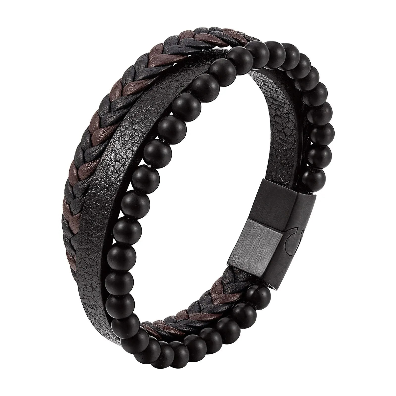 Men Classic Fashion High Quality Leather Bracelet Obsidian Beaded Multi Layer Leather Bracelet For Men Jewelry Gift