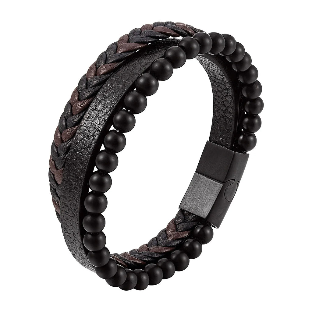 Men Classic Fashion High Quality Leather Bracelet Obsidian Beaded Multi Layer Leather Bracelet For Men Jewelry Gift