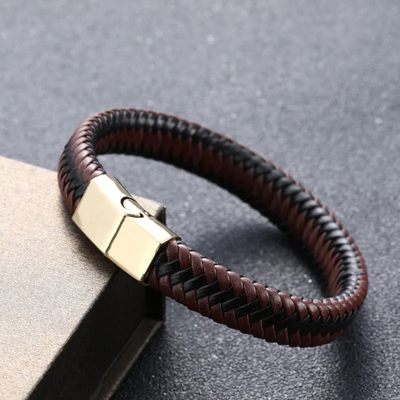 Vintage Genuine Leather Bracelet for Men Handmade Woven Bracelet Magnetic Clasp Wrap Bracelet Homme Hand Jewelry Accessories New