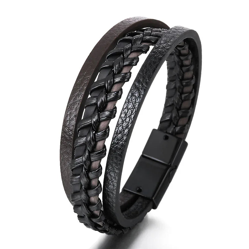 Vintage Genuine Leather Bracelet for Men Handmade Woven Bracelet Magnetic Clasp Wrap Bracelet Homme Hand Jewelry Accessories New