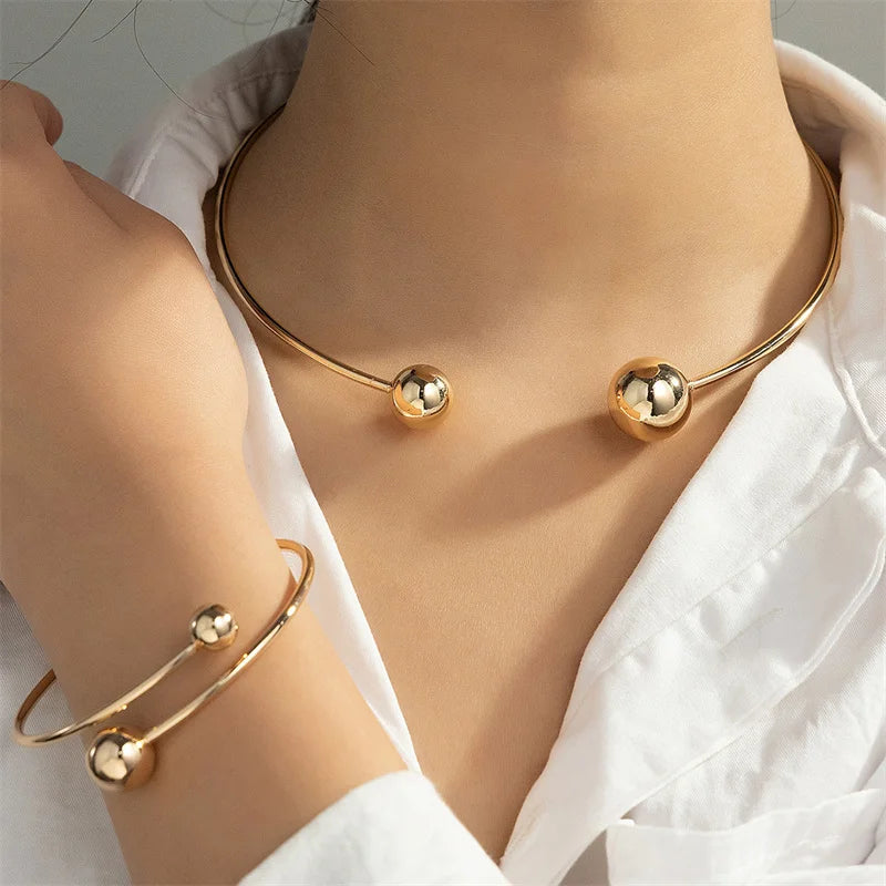 XIALUOKE Geometric Metal Round Ball Torques Choker For Women Europe American Style Personality Cuff Necklace Jewelry Set