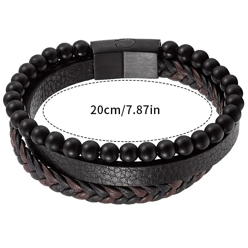 Men Classic Fashion High Quality Leather Bracelet Obsidian Beaded Multi Layer Leather Bracelet For Men Jewelry Gift
