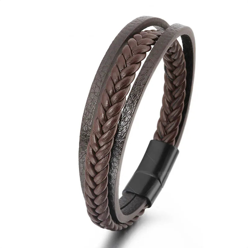 Vintage Genuine Leather Bracelet for Men Handmade Woven Bracelet Magnetic Clasp Wrap Bracelet Homme Hand Jewelry Accessories New