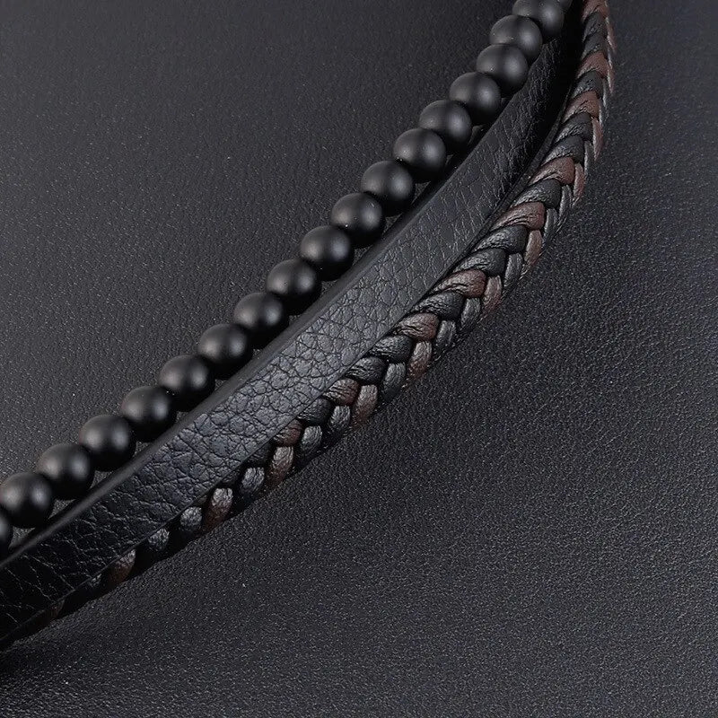 Men Classic Fashion High Quality Leather Bracelet Obsidian Beaded Multi Layer Leather Bracelet For Men Jewelry Gift