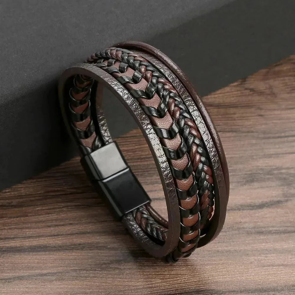 1PC Trendy Men's Accessories Alloy Magnetic Buckle Multi layer Retro Leather Rope Braided Bracelet Bracelet Fashion Dressing
