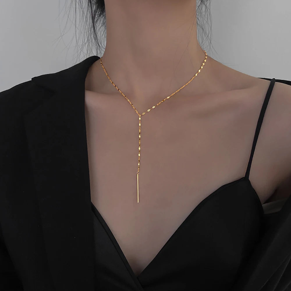 eManco Y-shaped Pendant Necklace Women's Simple Bamboo Chain Necklace Women's Stainless Steel Collar Jewelry