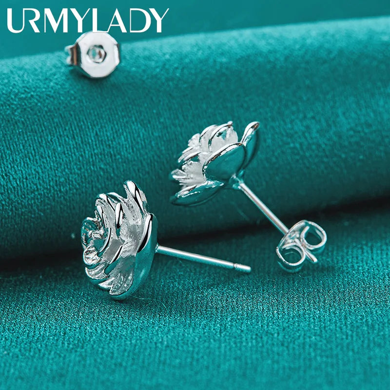 URMYLADY 925 Sterling Silver Rose Flower Earring Stud Earrings For Women Charm Wedding Engagement Fashion Jewelry
