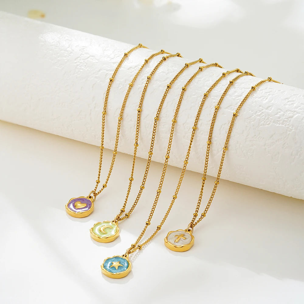 Punk Geometric Irregular Enamel Colorful Natural Stone Pendant Necklace for Women Stainless Steel Cross Heart Opal Choker Gifts